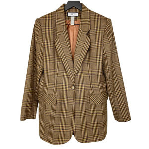 Vintage Oversized Tweed Blazer Plaid Brown Tan Bice Wool Blend